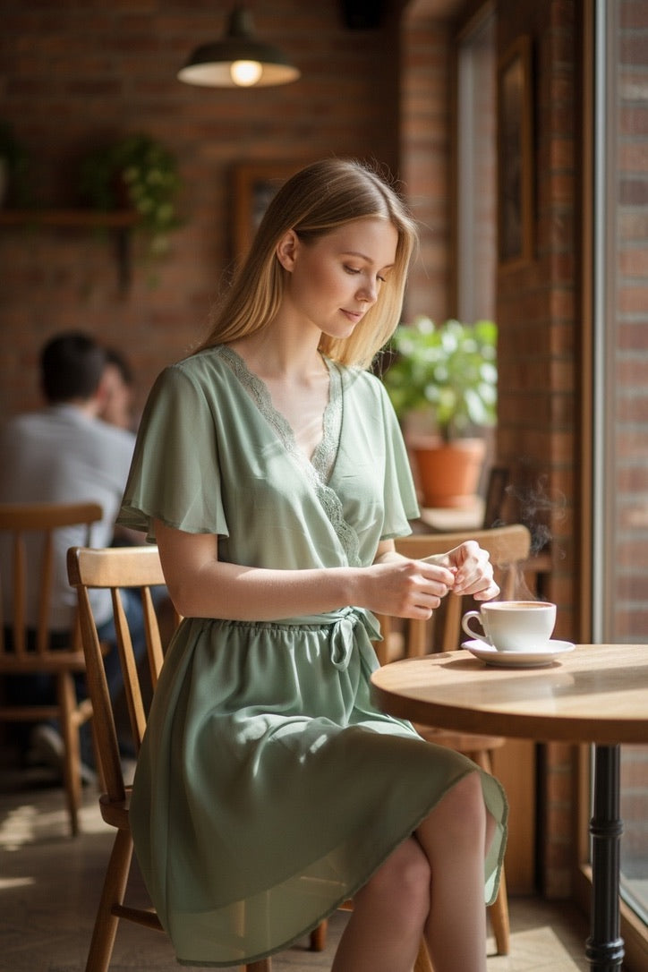 Sienna Sage Jurk – Elegante Wikkeljurk met Kant en Taillelint