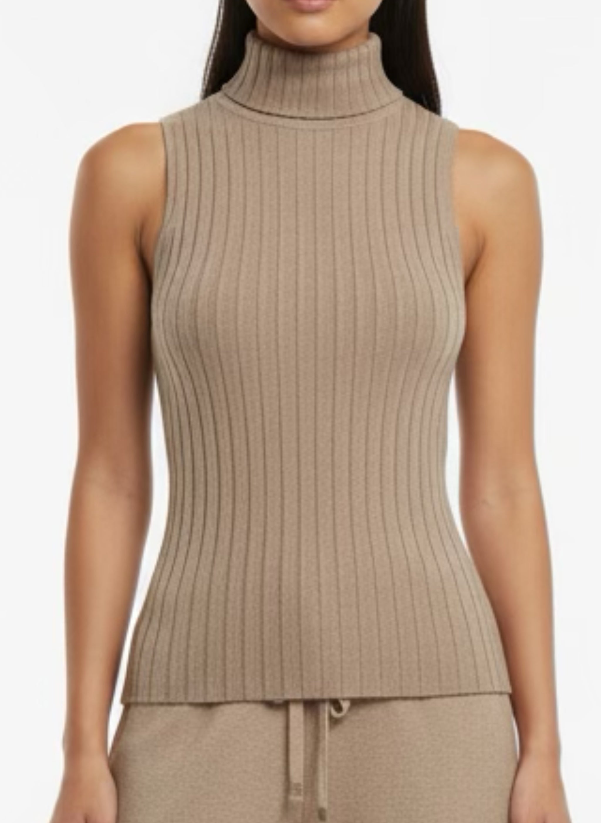 Very stretchy taupe turtle neck sleeveless top