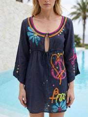 Banana Moon Strandjurkje Navy met Kleurrijke Borduursels – Dames Beach Cover-up