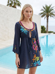 Banana Moon Strandjurkje Navy met Kleurrijke Borduursels – Dames Beach Cover-up