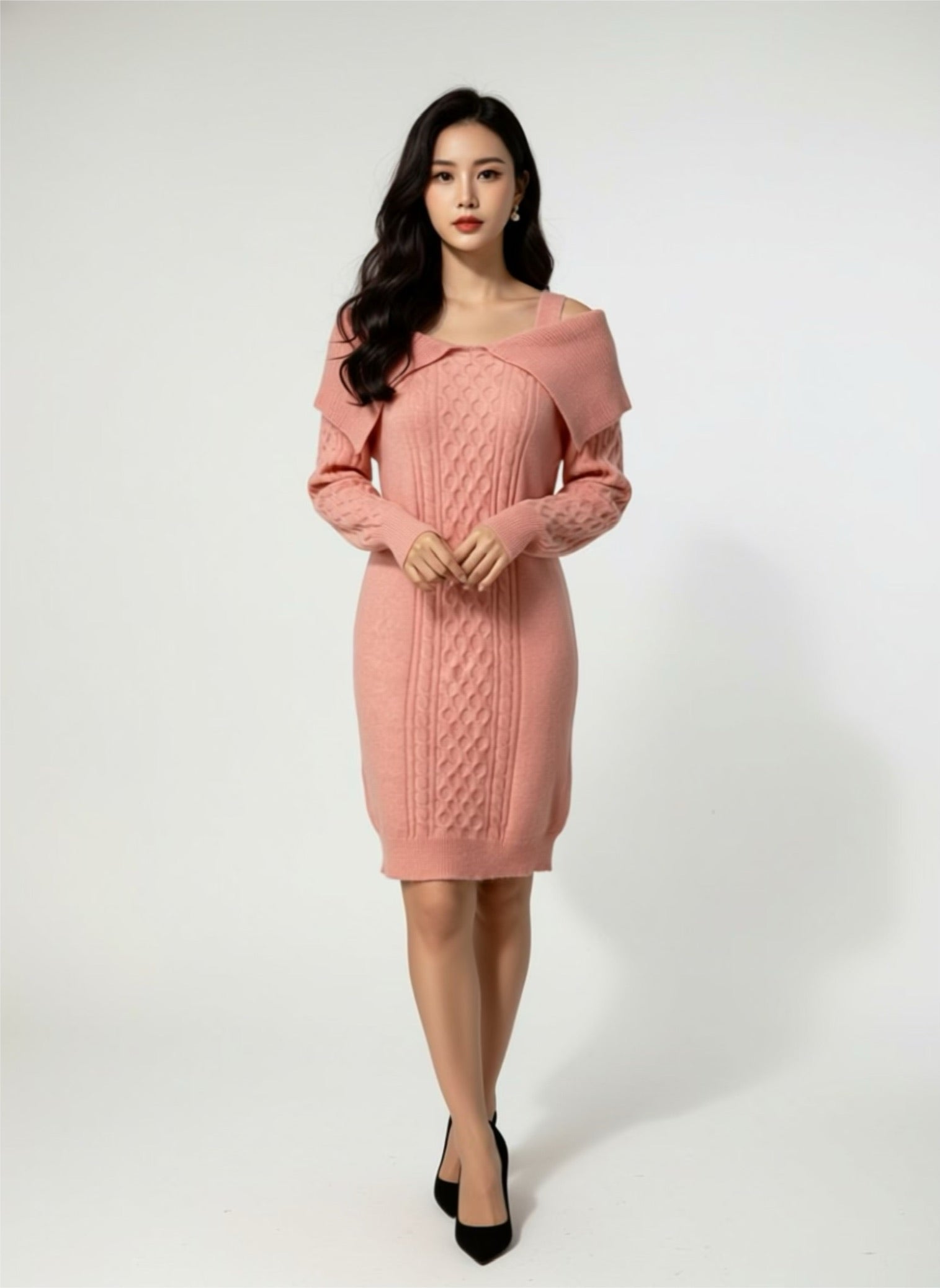 Cable knit sweater dress roze