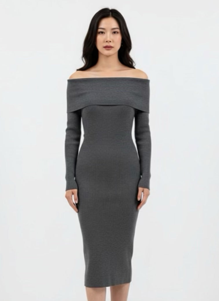 Off Shoulder Sweater Dress grijs