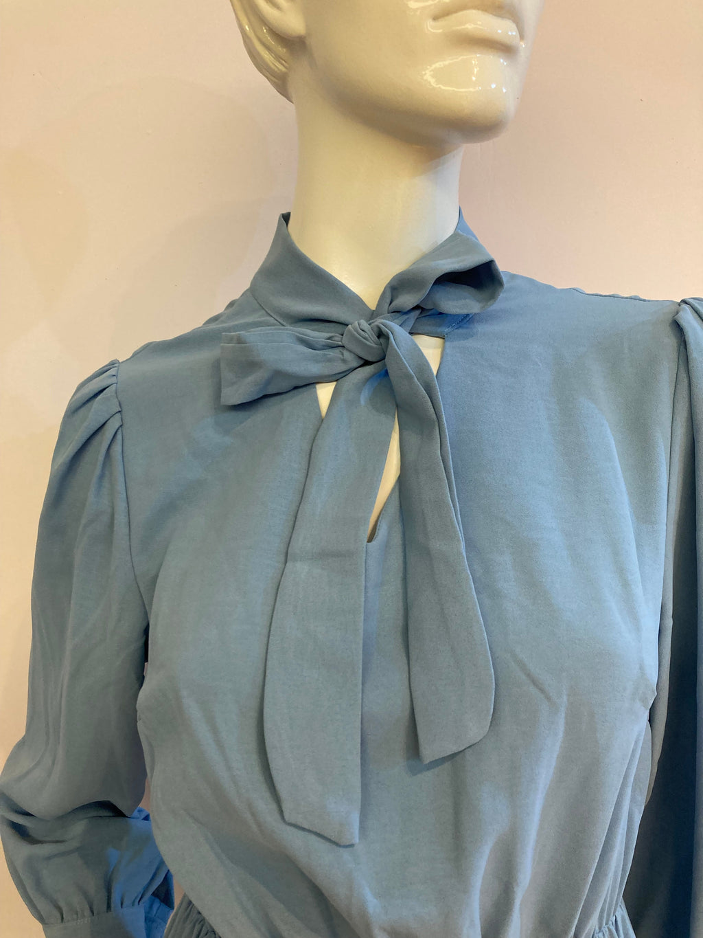 Blue skater dress with ruffle and knot at the neck