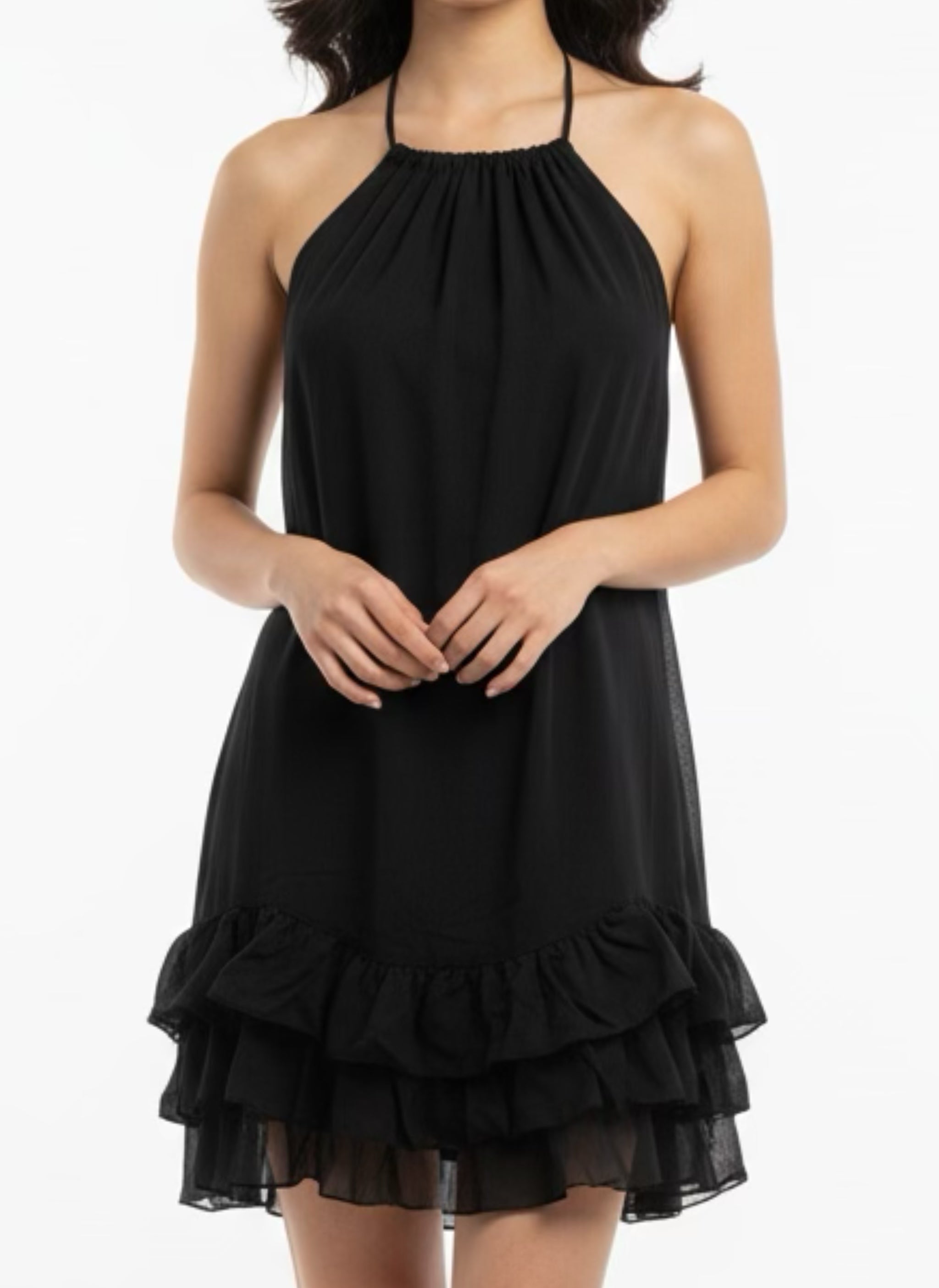 Black sleeveless dress thin straps with wavy bottom and lining