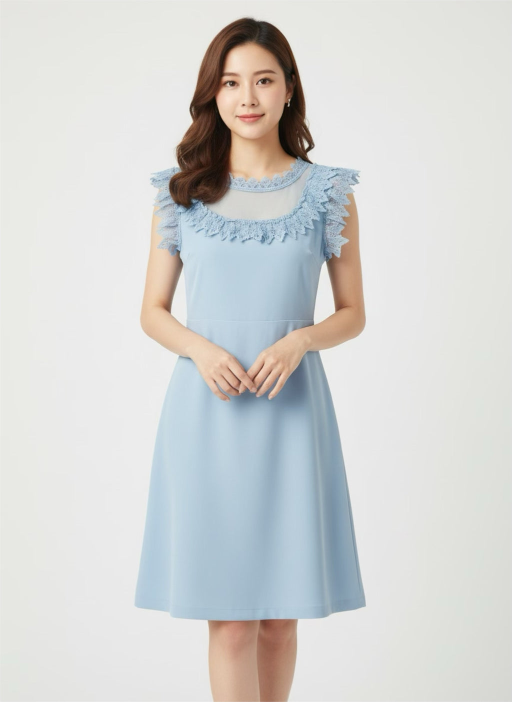 Blue dress with chiffon and lace at bust and collar.