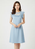 Blue dress with chiffon and lace at bust and collar.