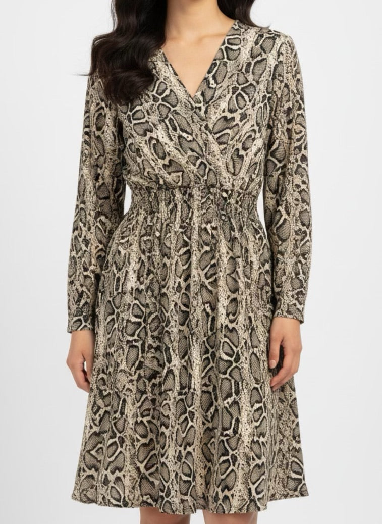 Python print dress crossed at the bust with elastic at the waist