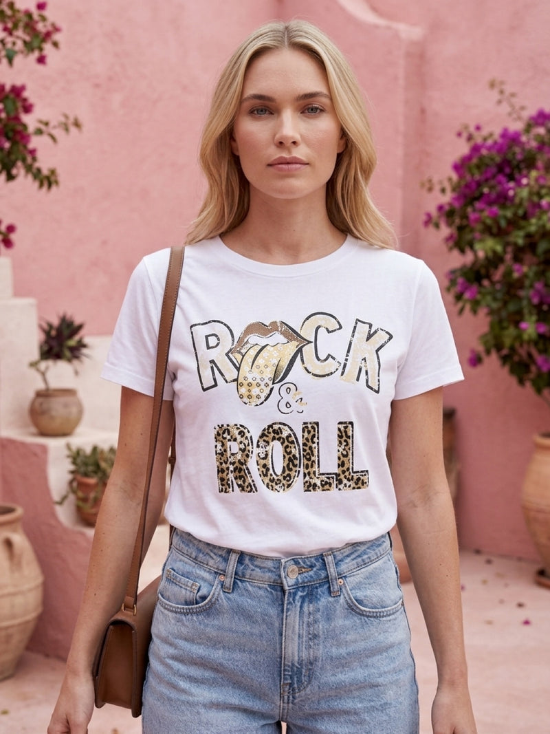 Wit Rock & Roll T-shirt met Panterprint
