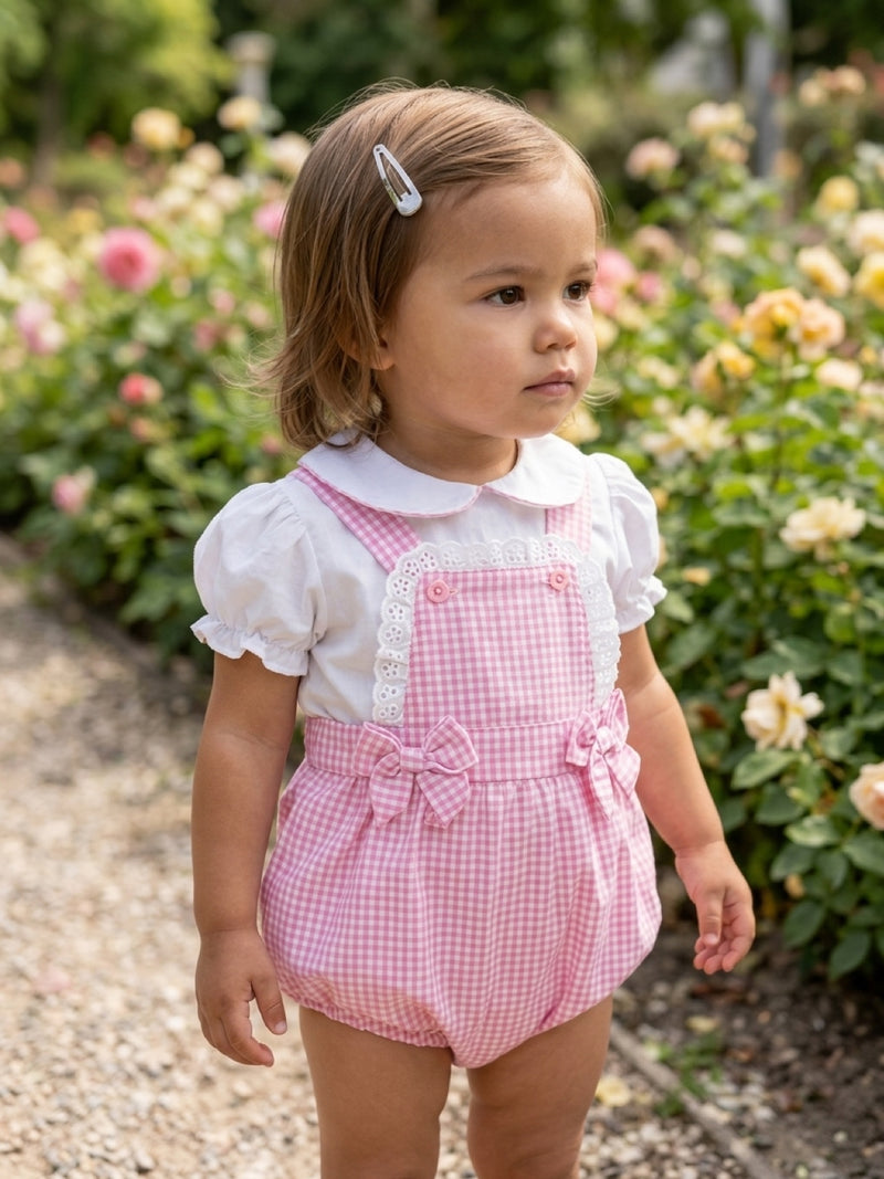 Rock A Bye Baby Roze Geruit Baby Setje met Romper, Blouse en Strikjes