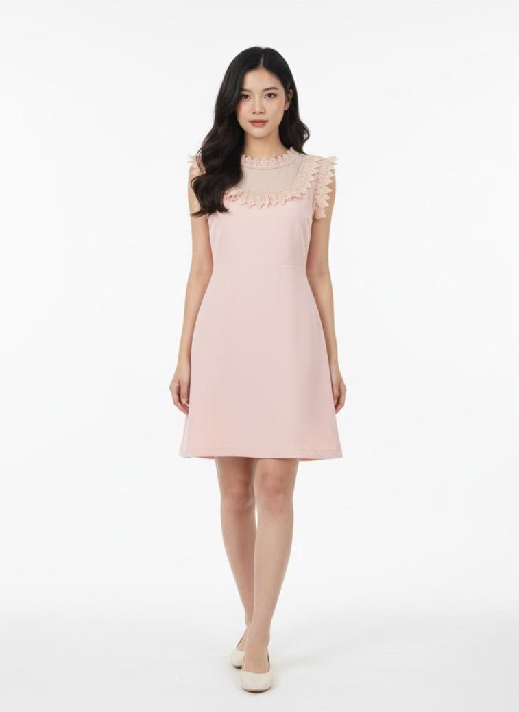 Pink dress with chiffon and lace at bust and collar