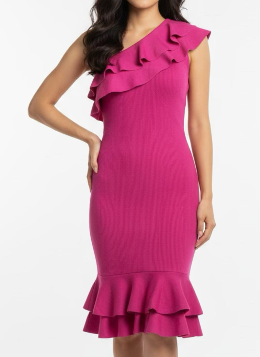Fuchia asymmetric ribbed ruffle tube dress