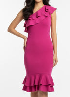 Fuchia asymmetric ribbed ruffle tube dress