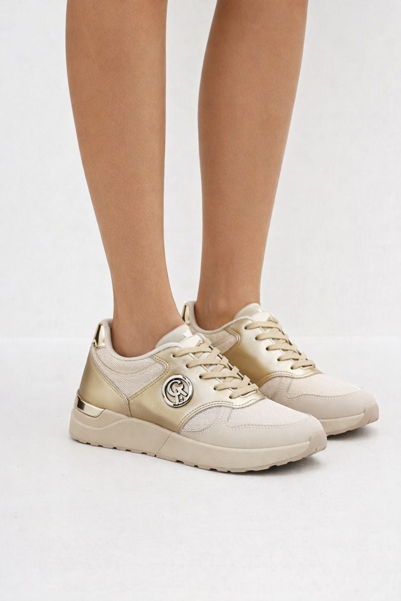 Mulanka Beige & Gouden Dames Sneaker – Comfortabele Fashion Sneaker met Gouden Details