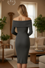 Rosy Days Off Shoulder Gebreide Jurk Grijs – Dames Outlet