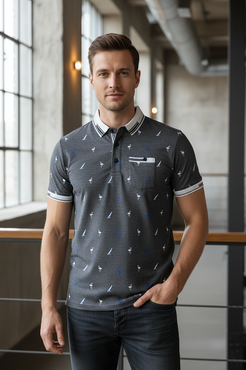 BLVCK Exclusive Donkergrijze Herenpolo met Print