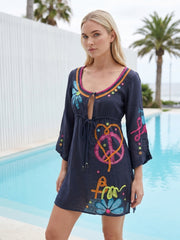 Banana Moon Strandjurkje Navy met Kleurrijke Borduursels – Dames Beach Cover-up