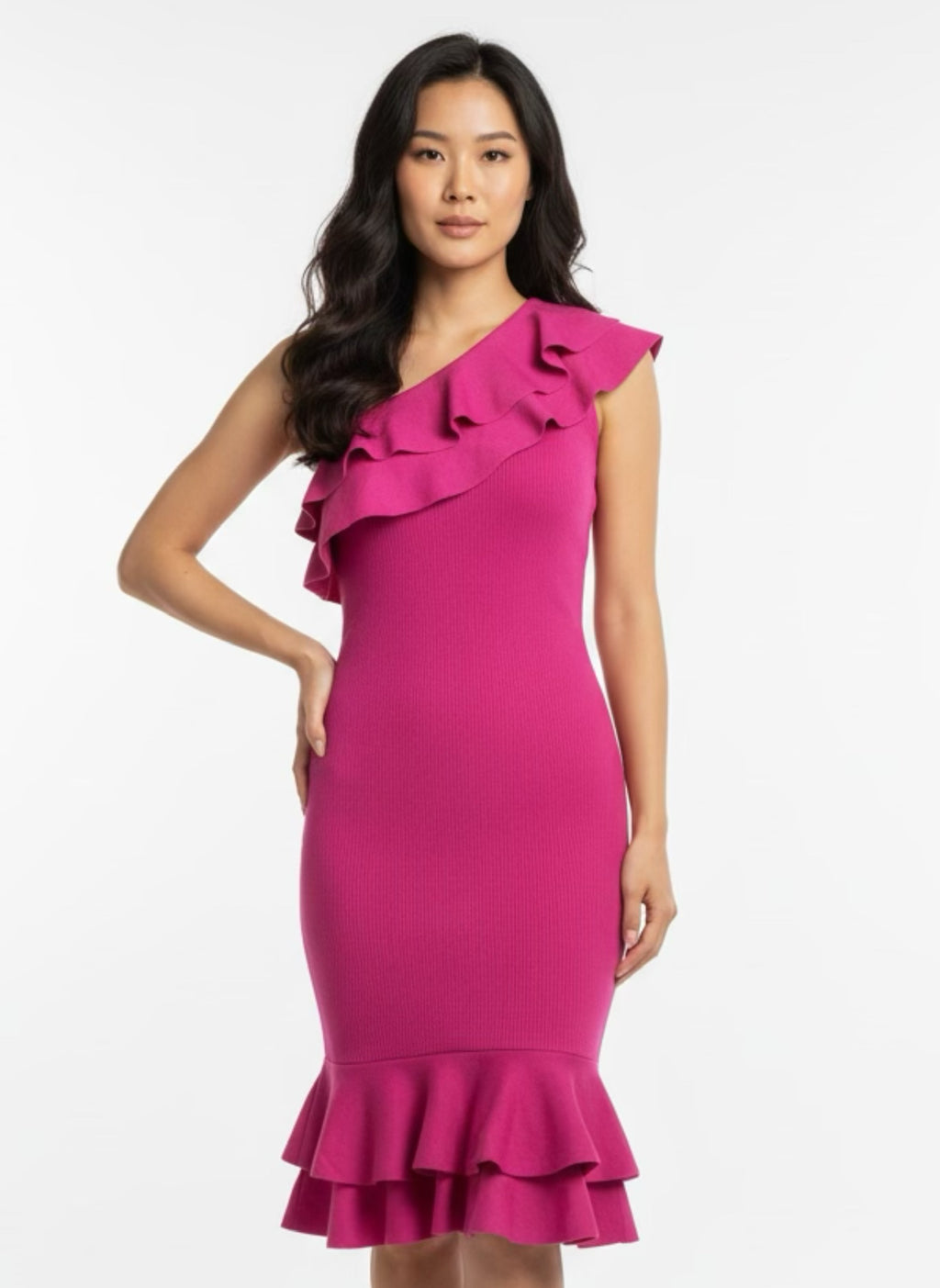Fuchia asymmetric ribbed ruffle tube dress
