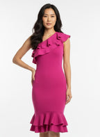 Fuchia asymmetric ribbed ruffle tube dress