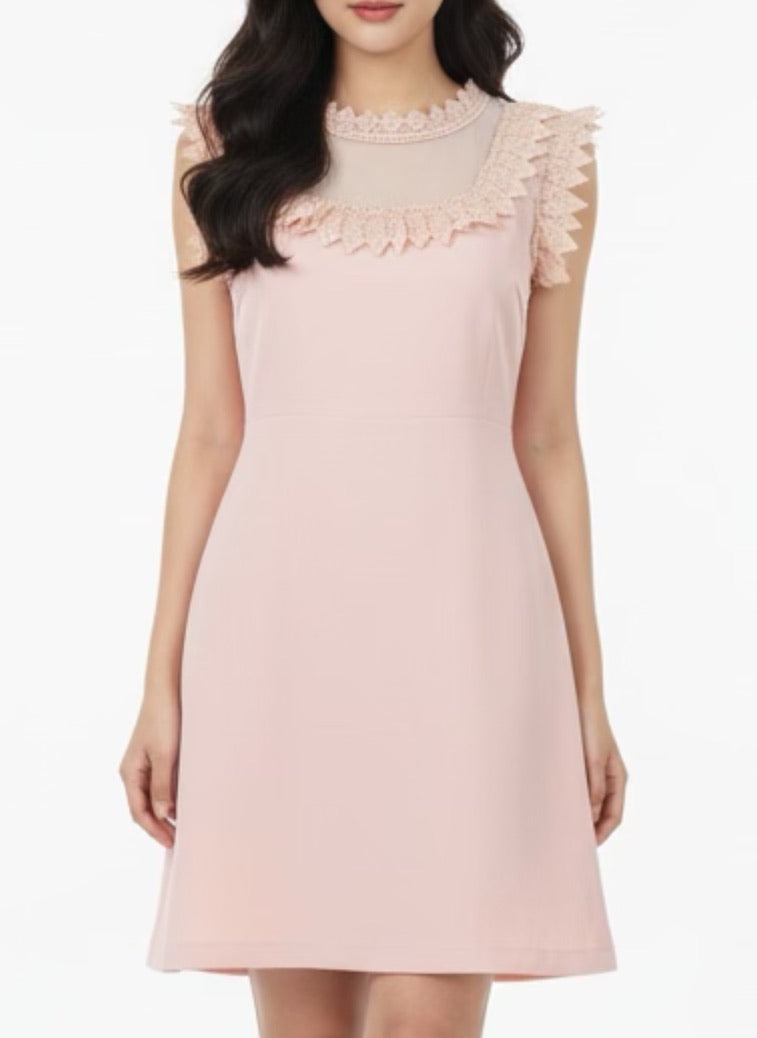 Pink dress with chiffon and lace at bust and collar