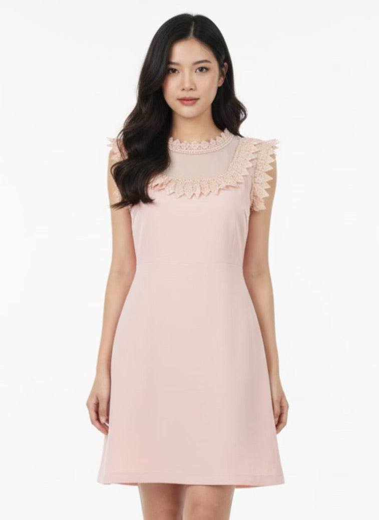 Pink dress with chiffon and lace at bust and collar