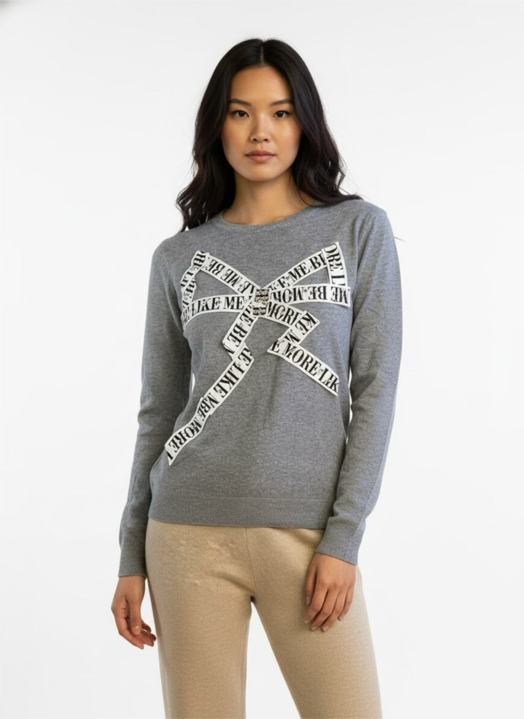 Gray sweater with yoke and rhinestones