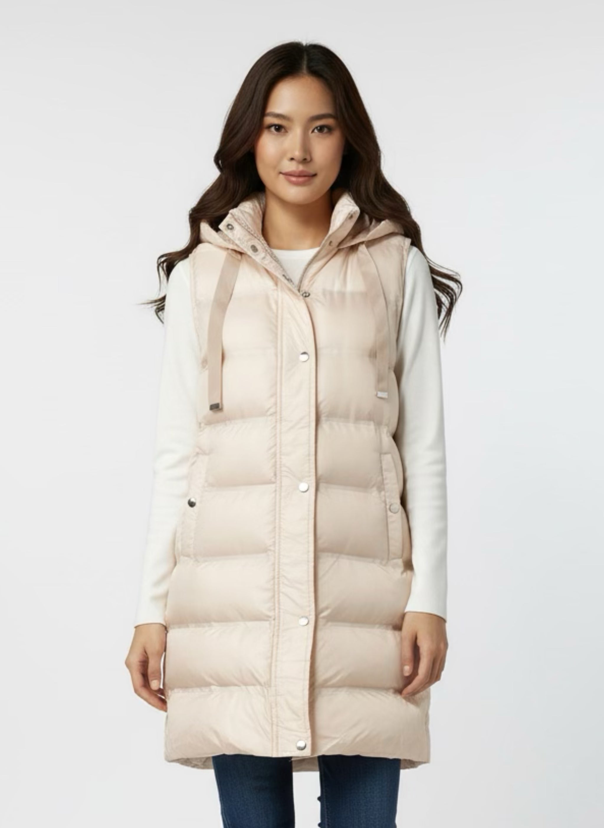 Sleeveless puffer jacket with hood beige