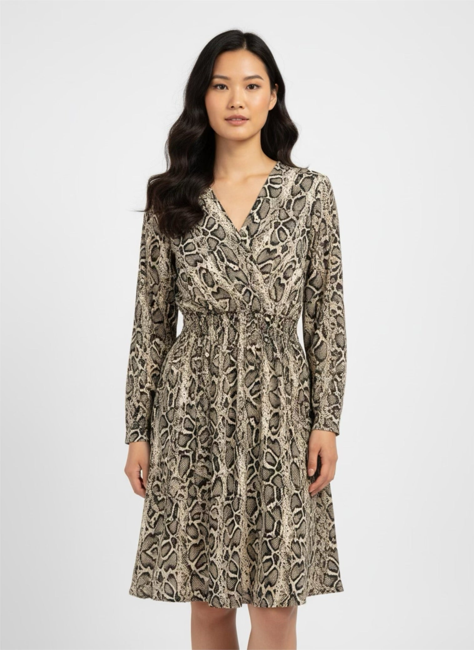 Python print dress crossed at the bust with elastic at the waist