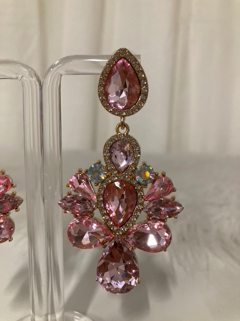 Oorbellen elegante kristallen bloem met druppel roze