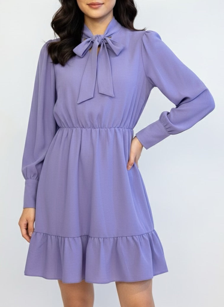 Lilac skater dress with ruffle and knot at the neck