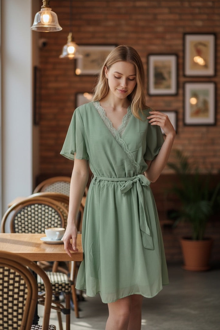Sienna Sage Jurk – Elegante Wikkeljurk met Kant en Taillelint