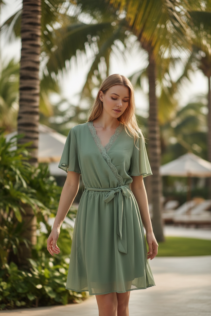 Sienna Sage Jurk – Elegante Wikkeljurk met Kant en Taillelint