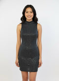 Black cocktail dress with sequins and sleeveless high neck.