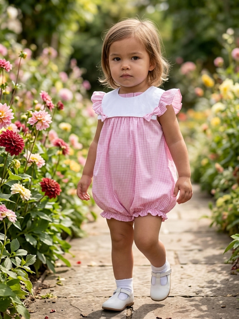 Baby Meisjes Roze Geruite Romper met Ruches en Wit Kraagje