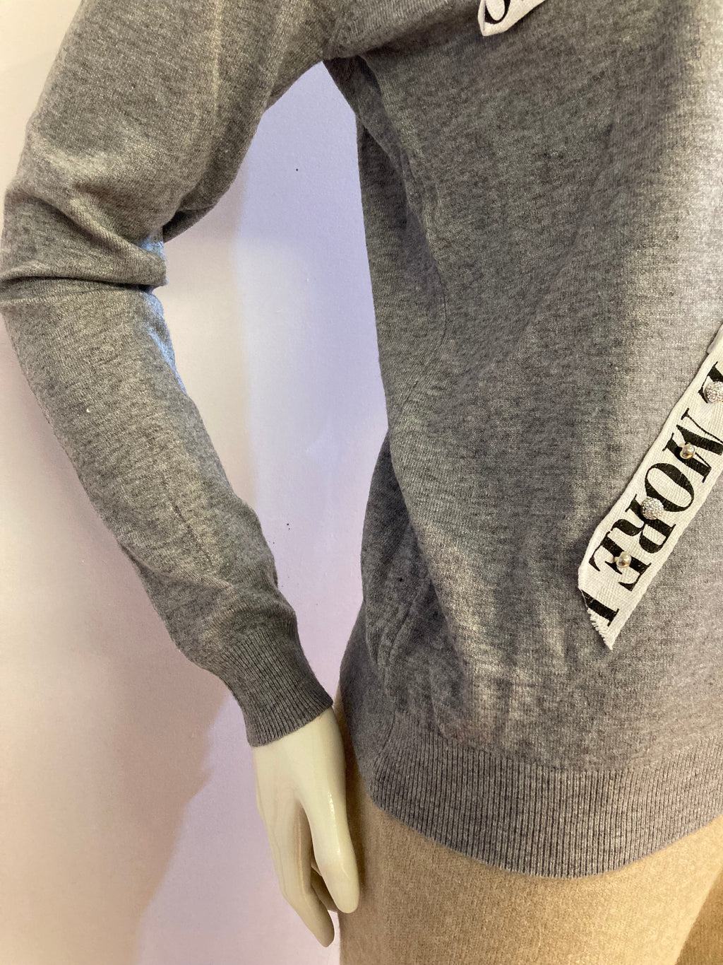 Gray sweater with yoke and rhinestones