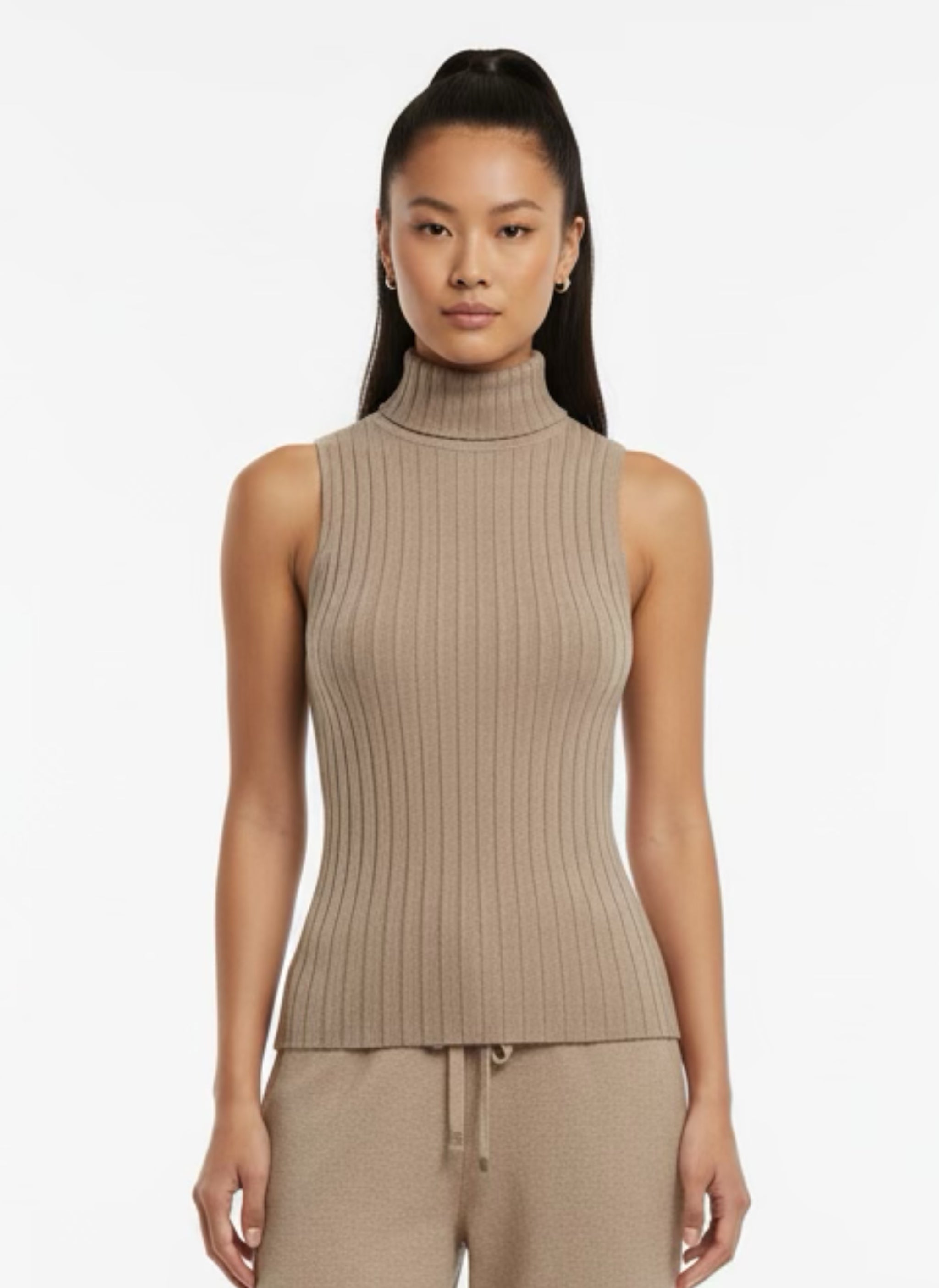 Very stretchy taupe turtle neck sleeveless top