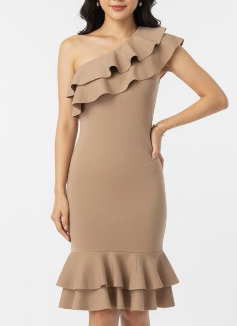 Beige asymmetric ribbed ruffle tube dress