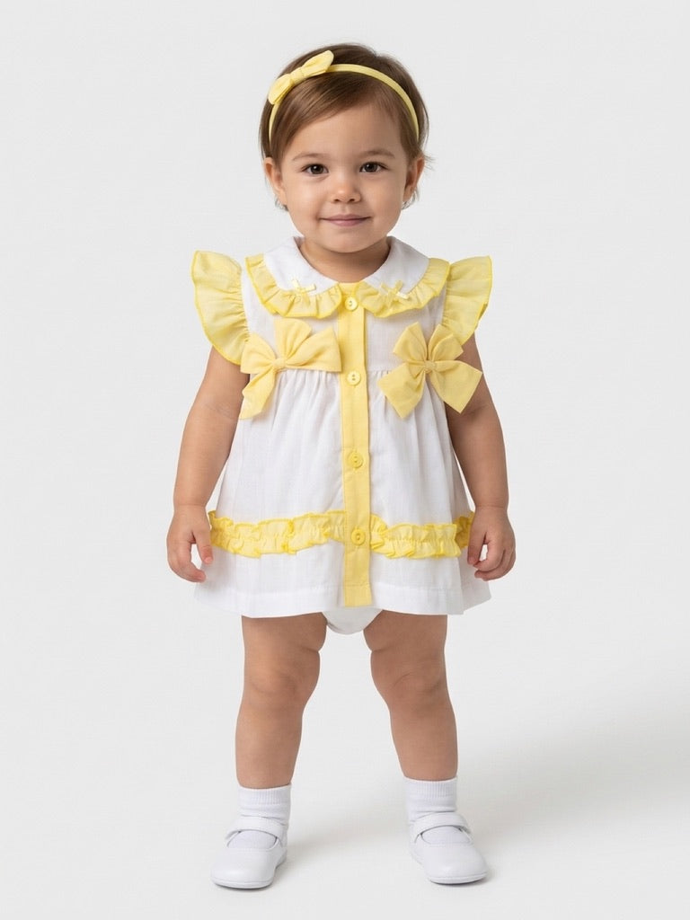 Rock a Bye Baby Meisjesjurk Wit/Geel met Strikjes