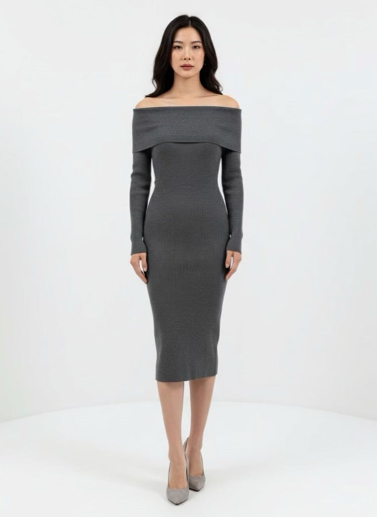 Off Shoulder Sweater Dress grijs