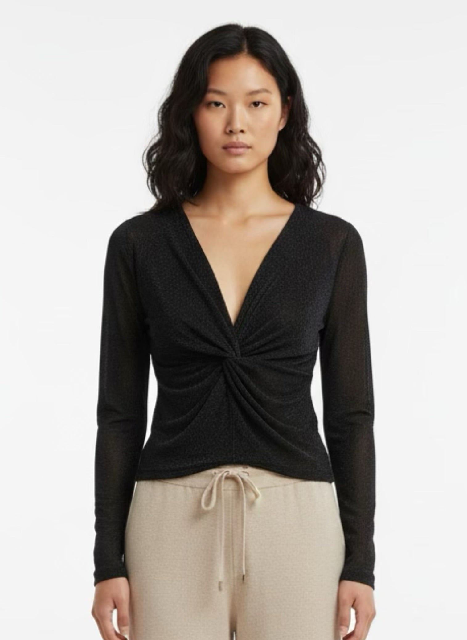 Glittery top with black leopard prints long sleeve, v-neck