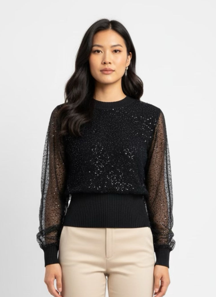 Small ribbed black sweater lined with sequin tulle