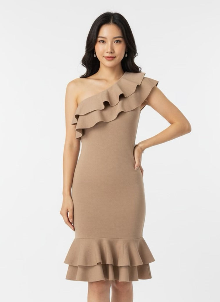 Beige asymmetric ribbed ruffle tube dress