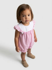 Baby Meisjes Roze Geruite Romper met Ruches en Wit Kraagje