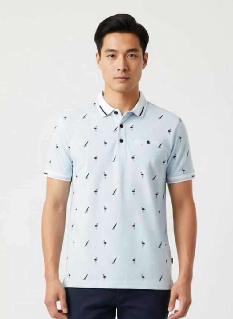 BLVCK Exclusive Herenpolo Lichtblauw met Maritieme Print
