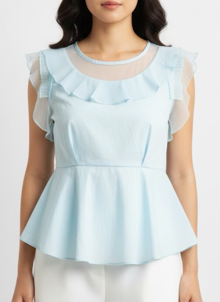 Blue blouse with flounce and tulle
