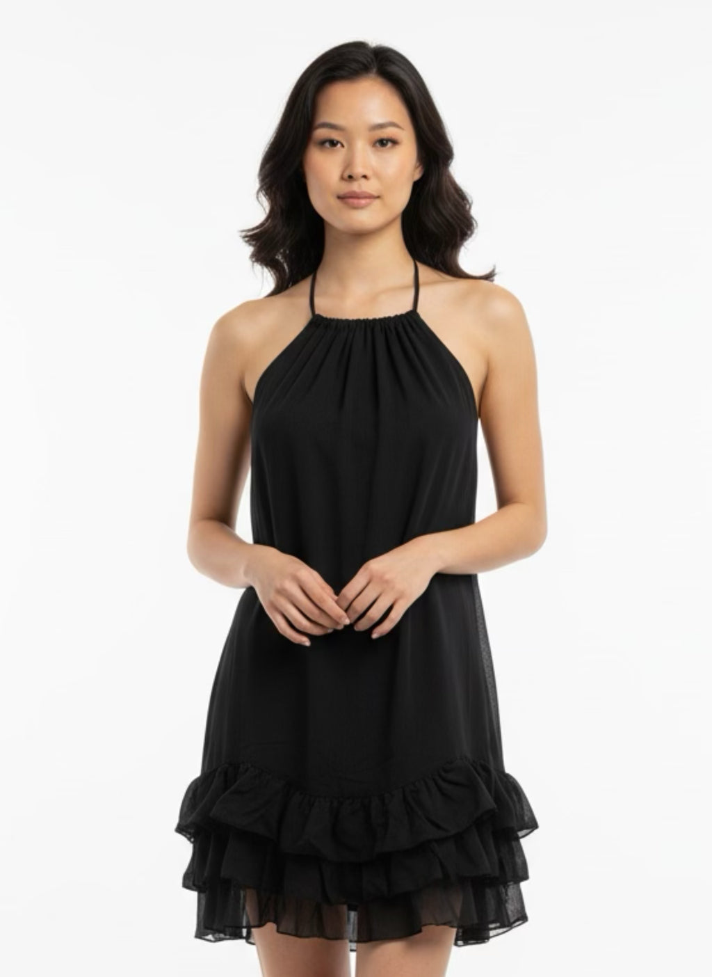 Black sleeveless dress thin straps with wavy bottom and lining