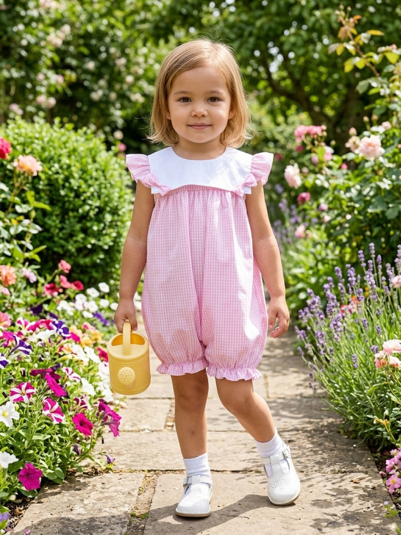 Baby Meisjes Roze Geruite Romper met Ruches en Wit Kraagje