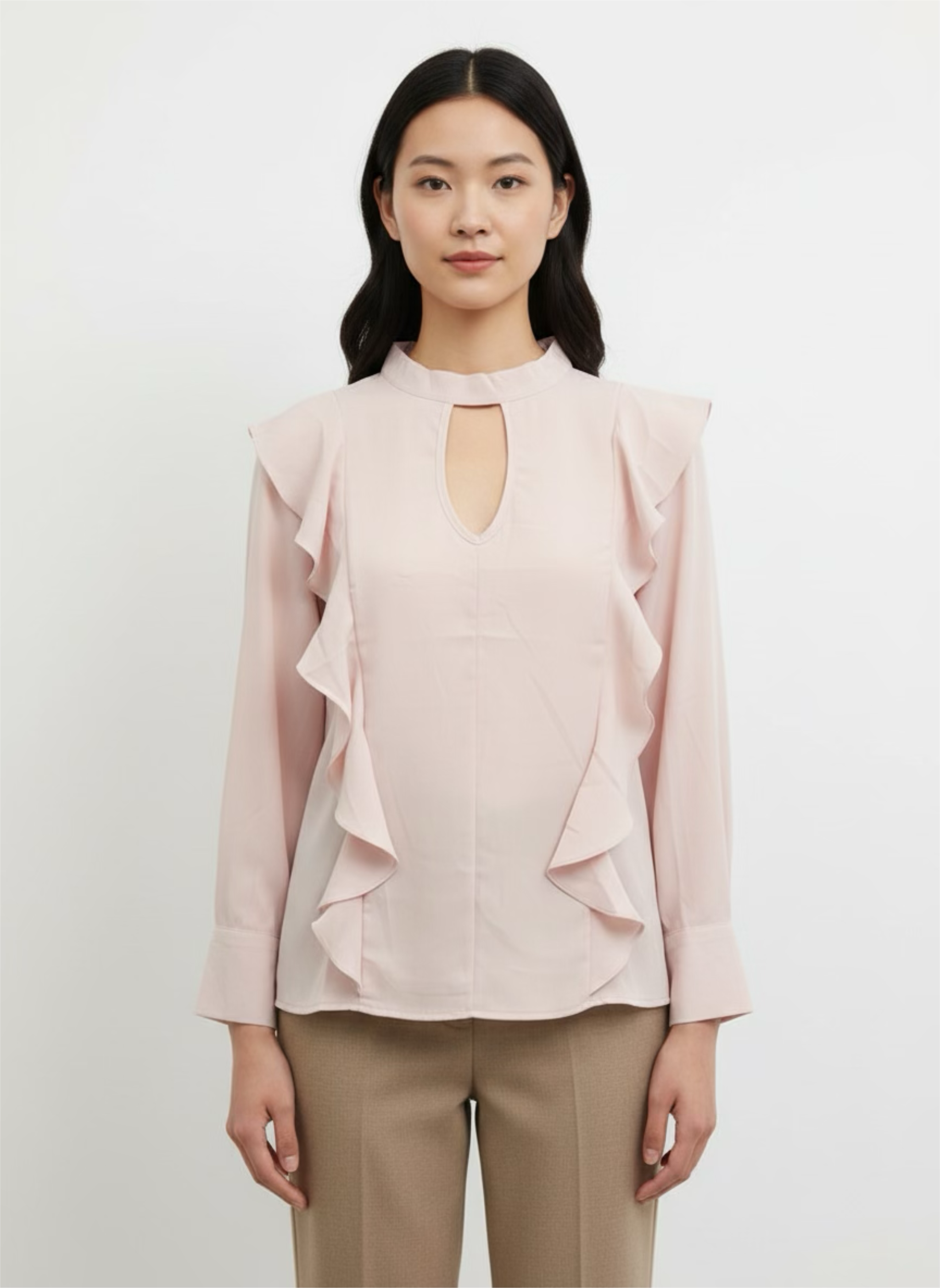 Chic pink blouse with long sleeves and ruffles