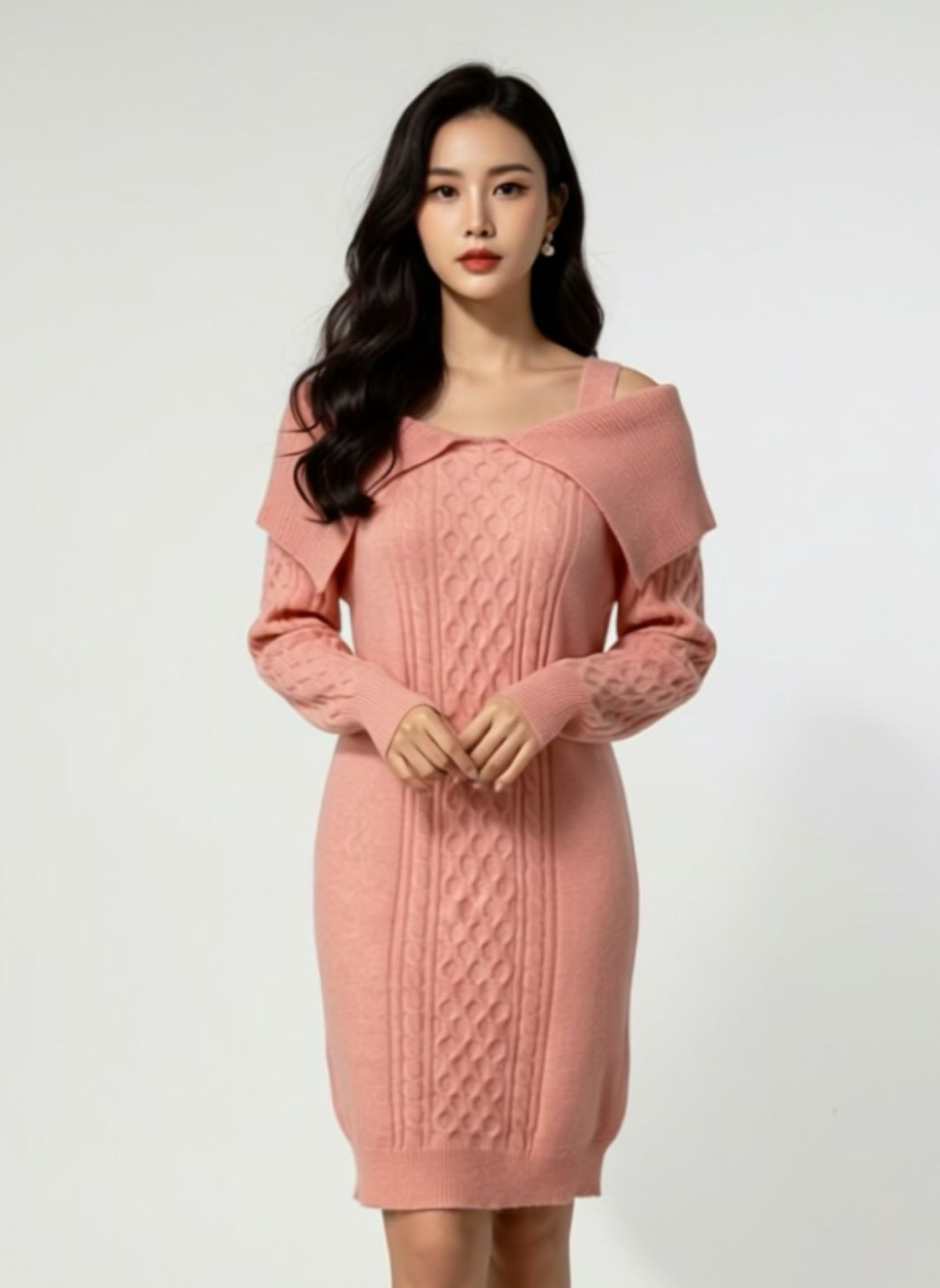 Cable knit sweater dress roze