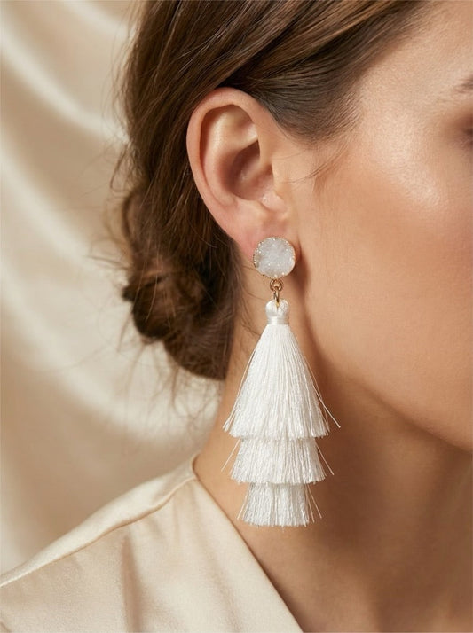 Snow Crystal Tassel Oorbellen – Witte Luxe Statement Oorbellen