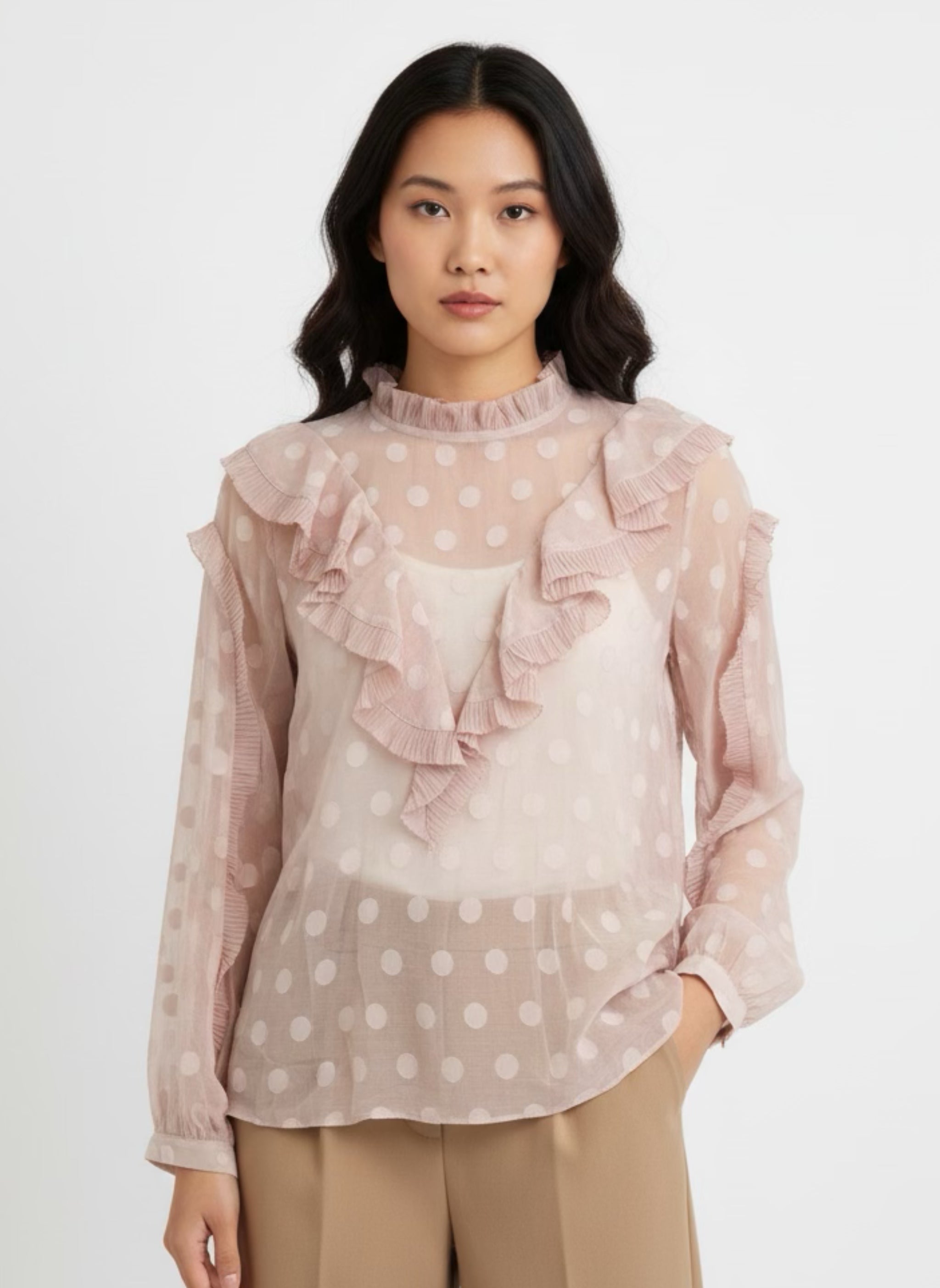 Pink blouse with flounce and peter pan collar